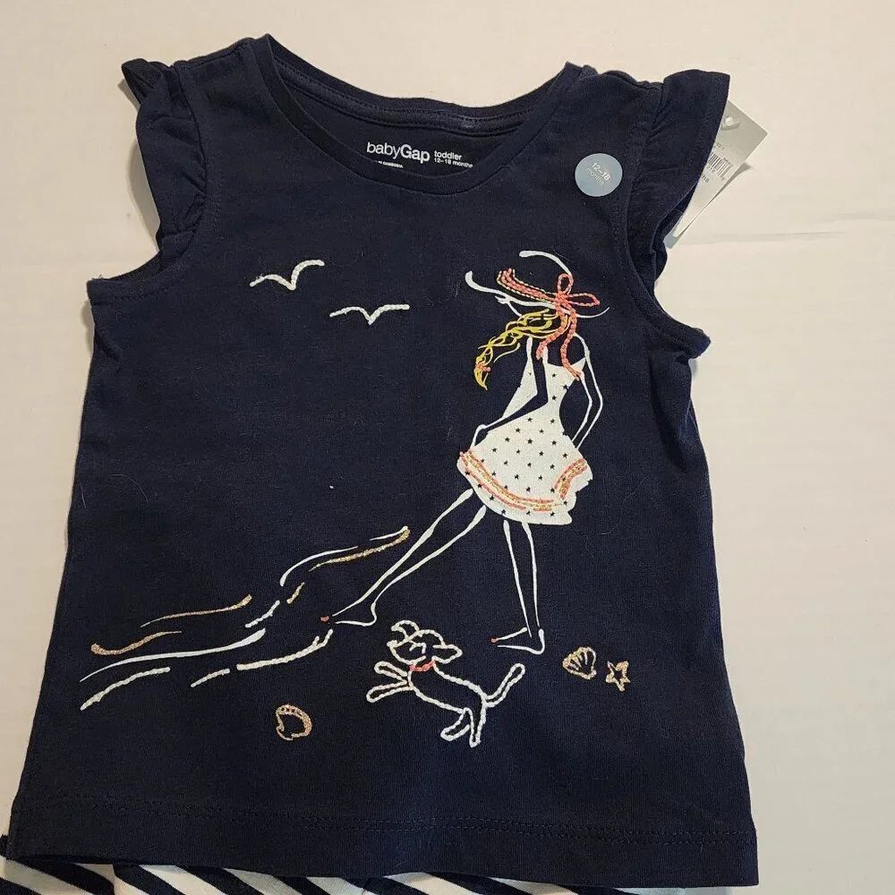 New Baby Gap girl 12-18 m outfit Blue top black white stripes leggings School